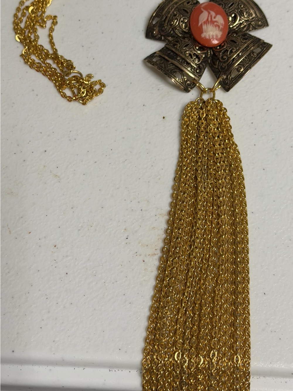 Vintage Asian Revival Crane Heron Cameo Gold Tone Tassel Necklace